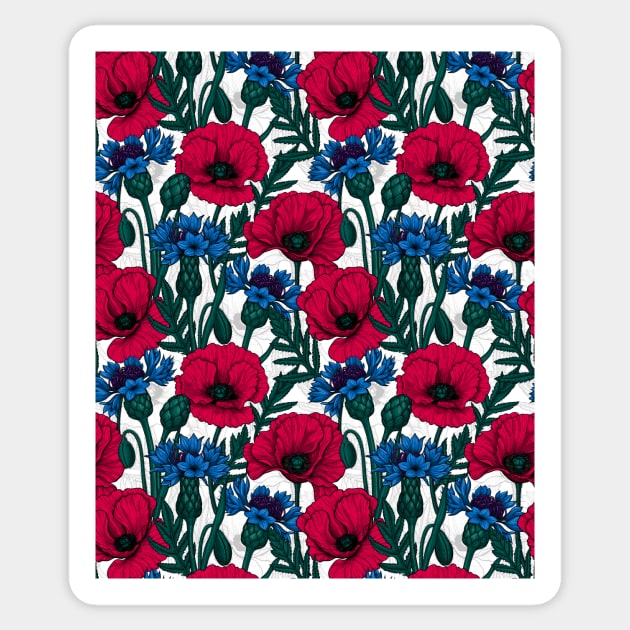 Red poppies and blue cornflowers on white Sticker by katerinamk